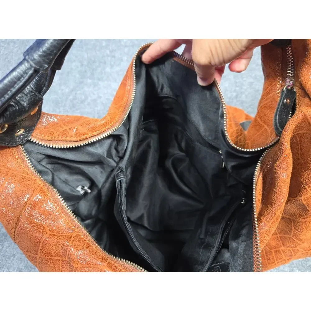 Lola Bernard Hobo Bag Brown Leather Croc Embossed Medium Purse Black Liner
